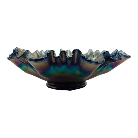 Antique Fenton Carnival Glass Heart & Vine Bowl Iridescent Ribbon Peacock Blue - Picture 4 of 10